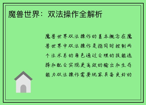 魔兽世界：双法操作全解析